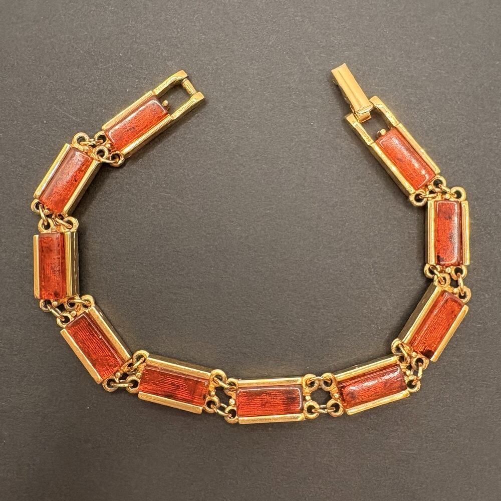 Vintage Emmons Faux Tortoise Shell Acrylic Lucite‎ Bar Gold Tone Link Bracelet